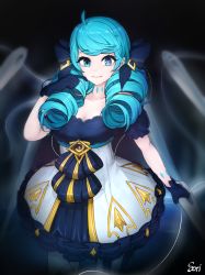 Rule 34 | 1girl, ahoge, artist name, black background, black bow, black dress, black gloves, blue eyes, blue hair, bow, breasts, cleavage, collarbone, commentary request, detached sleeves, dress, drill hair, gloves, green eyes, green hair, grey dress, gwen (league of legends), hair bow, hand up, highres, holding, large breasts, league of legends, long hair, looking at viewer, needle, oversized object, pantyhose, parted lips, puffy short sleeves, puffy sleeves, sewing needle, short sleeves, smile, solo, strapless, strapless dress, striped clothes, striped pantyhose, teeth, twin drills, wenbeo (dldmsthf4321)