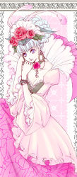 Rule 34 | 1girl, aya tsudi, breasts, choker, cleavage, dress, earrings, feathers, flower, frilled dress, frills, gensou suikoden, gensou suikoden v, hair up, jewelry, josephine (suikoden), pink dress, pink theme, purple eyes, red flower, red rose, rose, silver hair, small breasts, solo