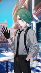 Rule 34 | 00kashian00, 1girl, absurdres, ahoge, black gloves, black necktie, black pants, bright pupils, building, closed mouth, collared shirt, commentary request, cowboy shot, creatures (company), day, game freak, gloves, green hair, grey shirt, hair over one eye, hand in pocket, hand up, highres, necktie, nintendo, outdoors, pants, pokemon, pokemon sv, red eyes, rika (pokemon), shirt, sky, smile, solo, standing, suspenders, white pupils