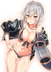 Rule 34 | 1girl, 3:, ahoge, bikini, black bikini, blush, breasts, closed mouth, commentary request, cowboy shot, day, dutch angle, fate/grand order, fate (series), front-tie bikini top, front-tie top, gradient background, hair between eyes, hand on own hip, highres, innertube, jacket, jeanne d&#039;arc (fate), jeanne d&#039;arc alter (avenger) (fate), jeanne d&#039;arc alter (fate), jewelry, kawai (purplrpouni), large breasts, long hair, navel, necklace, off shoulder, open clothes, open jacket, pink background, rosary, shiny skin, short hair, silver hair, sky, solo, swim ring, swimsuit, yellow eyes
