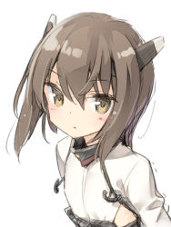 Rule 34 | 10s, 1girl, blush, brown eyes, brown hair, clothing cutout, flat chest, from side, grey hair, hair between eyes, headband, kani biimu, kantai collection, long sleeves, looking at viewer, personification, robot ears, short hair, side cutout, simple background, sketch, solo, taihou (kancolle), turtleneck, upper body, white background, yellow eyes