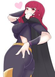 Rule 34 | 1girl, ass, black cape, bodysuit, breasts, cape, clothing cutout, facial mark, fire emblem, fire emblem engage, gold belt, hair ornament, highres, large breasts, maplesugar7324, nintendo, purple bodysuit, red eyes, red hair, side cutout, solo, star (symbol), star facial mark, star hair ornament, yunaka (fire emblem)