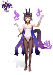 Rule 34 | 1girl, :d, ^ ^, absurdres, animal ear fluff, animal ears, bare shoulders, black hair, black hairband, breasts, brown pantyhose, c2h5ohh, cape, cat ears, cat girl, cat tail, cleavage, closed eyes, covered collarbone, fake animal ears, fang, fire, flame-tipped tail, full body, gloves, gradient hair, hairband, highleg, highleg leotard, highres, legs apart, leotard, long hair, medium breasts, multicolored hair, open mouth, orange hair, palworld, pantyhose, personification, playboy bunny, purple fire, purple hair, rabbit ears, reference inset, shadow, simple background, skin fang, smile, solo, standing, straight-on, streaked hair, tail, tombat, white background, white gloves, white hair, white leotard