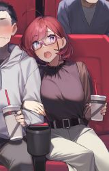 Rule 34 | 1girl, 2boys, 92m, absurdres, belt, black belt, black hair, black shirt, blush, breast press, breasts, brother and sister, closed mouth, commentary, cup, embarrassed, fingernails, highres, holding, holding cup, kinshi no ane (92m), large breasts, movie theater, multiple boys, open mouth, original, pants, pink-framed eyewear, pink eyes, red hair, semi-rimless eyewear, shirt, siblings, sitting, sweat, under-rim eyewear, white pants