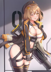 Rule 34 | 1girl, ;), ahoge, ammunition, ammunition belt, anis (nikke), beret, black hat, black jacket, black shorts, black thighhighs, blush, breasts, brown eyes, brown hair, cat hair ornament, cleavage, collarbone, commentary, cowboy shot, crop top, explosive, fingerless gloves, gloves, goddess of victory: nikke, grenade, grenade cartridge, grenade launcher, grey gloves, hair between eyes, hair ornament, hat, highres, jacket, large-caliber cartridge, large breasts, long sleeves, looking at viewer, midriff, milkor mgl, muwa12, navel, one eye closed, open clothes, open jacket, revolver grenade launcher, shadow, shirt, short hair, short shorts, shorts, sidelocks, single fingerless glove, skindentation, smile, solo, standing, thigh strap, thighhighs, weapon, white shirt