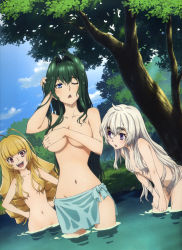 Rule 34 | 10s, 3girls, :d, absurdres, ahoge, akari acura, antenna hair, bare shoulders, bathing, blonde hair, blue eyes, blue sky, breasts, chaika trabant, completely nude, convenient censoring, covering privates, covering breasts, day, eyebrows, frederika (hitsugi no chaika), green hair, hair between eyes, hair censor, hair down, hair intakes, hair over breasts, hands on own hips, highres, hitsugi no chaika, large breasts, leaning forward, multiple girls, navel, no bra, no panties, nude, off shoulder, official art, one eye closed, open mouth, outdoors, purple eyes, red eyes, scan, silver hair, sky, small breasts, smile, thick eyebrows, topless, towel, tree, wading, wet, wet hair