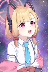 Rule 34 | absurdres, animal ear headphones, animal ears, blonde hair, blue archive, blue necktie, blunt bangs, bow, cat ear headphones, fake animal ears, hair bow, halo, headphones, highres, meme, momoi (blue archive), necktie, open mouth, pink halo, pizza (pizzania company), red bow, red eyes, shirt, short hair, sky, space cat (meme), star (sky), starry sky, teeth, upper body, upper teeth only, white shirt