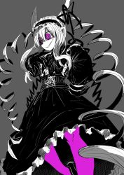 Rule 34 | 1girl, bright pupils, commentary request, copyright request, dress, drill hair, feet out of frame, frilled hairband, frills, gloves, gothic lolita, grey background, greyscale, hair between eyes, hairband, highres, lolita fashion, long dress, long hair, monochrome, pantyhose, parted lips, pointy ears, purple pantyhose, quad drills, ringed eyes, simple background, smile, solo, spot color, standing, very long hair, wide-eyed, zyugoya
