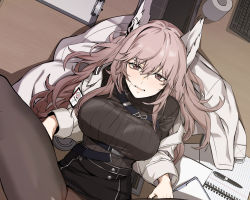 Rule 34 | animal ears, banssee, blush, breasts, commentary request, fox ears, from above, girls&#039; frontline neural cloud, hair between eyes, highres, keyboard (computer), large breasts, long hair, long sleeves, looking at viewer, messy hair, original, pantyhose, paper, pen, persicaria (neural cloud), skirt, solo, spread legs, tagme, toilet paper