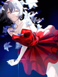 Rule 34 | 1girl, absurdres, arm behind back, bad id, bad twitter id, bare legs, bare shoulders, black hair, blue background, closed mouth, collarbone, dress, elbow gloves, fish, flower, gloves, highres, holding, holding needle, kirigoe mima, looking at viewer, needle, perfect blue, red dress, red eyes, short hair, simple background, smile, solo, sushineko8, white flower, white gloves