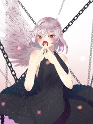 Rule 34 | 1girl, alternate costume, angel wings, bare shoulders, black dress, blush, breasts, bright pupils, chain, commentary request, covering own mouth, cowboy shot, crossed fingers, dress, flower, gradient background, hands up, highres, kishin sagume, large breasts, light particles, looking at viewer, pink background, red eyes, red flower, red rose, rose, sakikagami, short hair, silver hair, simple background, single wing, sleeveless, sleeveless dress, solo, touhou, wings, x fingers