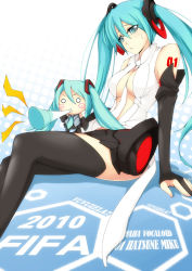 Rule 34 | 10s, 2010, 2010 fifa world cup, 2girls, aqua eyes, aqua hair, arm support, bad id, bad pixiv id, between breasts, breasts, bridal gauntlets, center opening, chibi, dean (momodean), detached sleeves, hachune miku, hatsune miku, hatsune miku (append), hexagon, highres, horn (instrument), impossible clothes, long hair, multiple girls, navel, necktie, sitting, skirt, thighhighs, twintails, very long hair, vocaloid, vocaloid append, vuvuzela, world cup