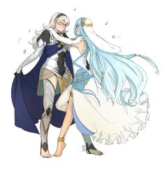 Rule 34 | 2girls, absurdres, aqua hair, azura (fire emblem), barefoot, blush, commission, corrin (female) (fire emblem), corrin (fire emblem), dancing, feet, fire emblem, fire emblem fates, hand on another&#039;s hip, highres, long hair, multiple girls, nintendo, pointy ears, red eyes, silver hair, smile, thighhighs, ticcy, very long hair, yuri