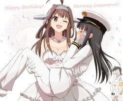 Rule 34 | 10s, 3girls, ;d, alcohol, bad id, bad pixiv id, bare shoulders, beer, black hair, blush, breasts, brown hair, rabbit, burning love (phrase), carrying, cleavage, dress, english text, eyepatch, closed eyes, female admiral (kancolle), glasses, gloves, hairband, happy birthday, kantai collection, kisetsu, kongou (kancolle), large breasts, long hair, military, military uniform, multiple girls, naval uniform, one eye closed, open mouth, pajamas, princess carry, smile, uniform, wedding dress, white background, wife and wife, yuri