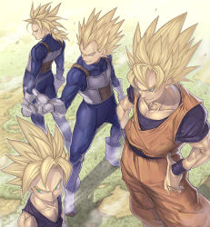 Rule 34 | 4boys, age difference, arms at sides, blonde hair, day, dragon ball, dragonball z, father and son, from above, frown, gloves, green eyes, hand on own hip, katsutake, male focus, multiple boys, outdoors, ponytail, rice, son gohan, son goku, spiked hair, standing, super saiyan, super saiyan 1, trunks (dragon ball), trunks (future) (dragon ball), uniform, vegeta