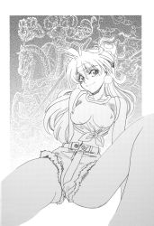 Rule 34 | 1girl, absurdres, arm support, bare shoulders, blush, breasts, earrings, greyscale, headband, highres, jewelry, legs apart, lina inverse, long hair, looking at viewer, monochrome, navel, osaru, scan, short shorts, shorts, simple background, slayers, solo, white background
