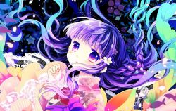 Rule 34 | 1girl, black background, blue hair, blush, braid, commentary request, copyright request, floating hair, floral print, flower, gradient hair, hair flower, hair ornament, japanese clothes, kimono, long hair, long sleeves, looking at viewer, multicolored hair, parted lips, print kimono, purple eyes, purple hair, sakurazawa izumi, sleeves past wrists, solo, upper body, white flower, wide sleeves