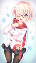 Rule 34 | 1girl, bad anatomy, black pantyhose, black skirt, blush, breasts, fate/grand order, fate (series), glasses, hair over one eye, highres, looking at viewer, mash kyrielight, mash kyrielight (fgo x lawson), medium breasts, official alternate costume, open mouth, pantyhose, pink hair, purple eyes, red scarf, scarf, short hair, skirt, smile, solo, umitonakai