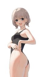 Rule 34 | 1girl, alternate costume, ass, black one-piece swimsuit, blush, braid, breasts, gin00, greyscale, highres, idolmaster, idolmaster shiny colors, looking at viewer, monochrome, one-piece swimsuit, round teeth, serizawa asahi, short twintails, simple background, small breasts, smile, solo, swimsuit, teeth, twin braids, twintails, twisted torso, watermark, white background