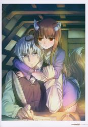 Rule 34 | 1boy, 1girl, absurdres, animal ears, arms around neck, bottomless, brown hair, couple, cowboy shot, craft lawrence, feathers, hetero, highres, holding, holding feather, holo, hug, hug from behind, indoors, koume keito, leaning forward, long hair, long sleeves, naked shirt, no pants, official art, page number, purple shirt, scan, shirt, silver hair, sitting, spice and wolf, straight hair, tail, very long hair, white shirt, wolf ears, wolf tail, writing
