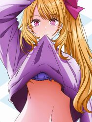 Rule 34 | 1girl, blonde hair, blue bra, bow, bra, bra peek, chinese commentary, clothes lift, commentary request, hair bow, highres, hoshino ruby, kuaixue shiqing, lifted by self, long hair, navel, one side up, oshi no ko, pink bow, pink eyes, purple sweater, sidelocks, solo, star-shaped pupils, star (symbol), sweater, sweater lift, symbol-shaped pupils, underwear