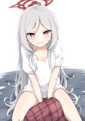 Rule 34 | 1girl, absurdres, blue archive, blush, breasts, collarbone, grey hair, grin, halo, highres, long hair, looking at viewer, mutsuki (blue archive), purple eyes, red halo, shijimi (sijimi1917), shirt, short sleeves, simple background, sitting, small breasts, smile, solo, white background, white shirt