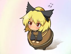 Rule 34 | 1girl, [], angry, blonde hair, blush, bow, chibi, female focus, flying sweatdrops, from above, hair bow, kurodani yamame, large bow, pout, red eyes, solo, standing, sweatdrop, touhou, wavy mouth