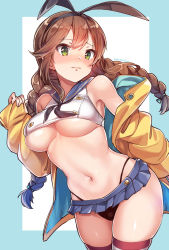 Rule 34 | 1girl, alternate costume, bare shoulders, black neckerchief, black panties, blush, braid, breasts, brown hair, buttons, closed mouth, cosplay, cowboy shot, crop top, green eyes, hair ornament, hair ribbon, hairband, highleg, highleg panties, jacket, kantai collection, konnyaku (kk-monmon), large breasts, long hair, long sleeves, looking at viewer, microskirt, navel, neckerchief, nose blush, noshiro (kancolle), panties, ribbon, sailor collar, school uniform, serafuku, shimakaze (kancolle), shimakaze (kancolle) (cosplay), simple background, skindentation, skirt, solo, stomach, striped clothes, striped thighhighs, sweatdrop, swept bangs, thighhighs, tress ribbon, twin braids, two-tone background, underboob, underwear, white background