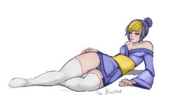 Rule 34 | 1girl, blonde hair, breasts, creatures (company), game freak, gen 2 pokemon, hair bun, japanese clothes, kimono, lanturn, lips, lying, multicolored hair, nintendo, off shoulder, panties, pantyshot, personification, pokemon, purple hair, rayzoir, reclining, red eyes, short hair, short kimono, single hair bun, small breasts, solo, thighhighs, thighs, two-tone hair, underwear, white thighhighs