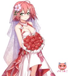 Rule 34 | 1girl, ahoge, alternate costume, bare shoulders, blush, bouquet, breasts, bridal veil, cat, cherry blossom print, cherry blossoms, cleavage, cleavage cutout, clothing cutout, crying, crying with eyes open, dress, dyx217, floral print, flower, green eyes, hair ornament, hairclip, holding, holding bouquet, hololive, kintoki (sakura miko), knees, one side up, pink hair, red flower, red rose, rose, sakura miko, sakura miko (old design), tears, transparent background, veil, virtual youtuber, wedding dress