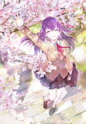 Rule 34 | 119, 1girl, = =, arm up, bag, black footwear, black skirt, blazer, blurry, brown jacket, buttons, cherry blossoms, closed eyes, collared shirt, commentary request, day, eyelashes, facing viewer, fate/stay night, fate (series), floating hair, from above, hair between eyes, hair ribbon, highres, holding, holding bag, homurahara academy school uniform, jacket, kneehighs, loafers, long hair, long sleeves, matou sakura, miniskirt, neck ribbon, outdoors, outstretched arm, parted lips, petals, pleated skirt, purple hair, red ribbon, ribbon, school bag, school uniform, shirt, shoes, skirt, smile, socks, solo, stairs, standing, sunlight, tree, undershirt, walking, white shirt, white socks, wing collar