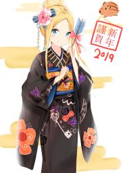 Rule 34 | 1girl, 2019, abigail williams (fate), absurdres, animal, arrow (projectile), black kimono, blonde hair, blue bow, blue eyes, blush, boar, bow, chinese zodiac, closed mouth, commentary request, egasumi, fate/grand order, fate (series), floral print, flower, forehead, hair bun, hair flower, hair ornament, hamaya, happy new year, highres, holding, holding arrow, japanese clothes, kimono, long hair, long sleeves, new year, obi, parted bangs, pink bow, pink flower, print kimono, sash, sidelocks, single hair bun, smile, solo, striped, striped bow, wide sleeves, year of the pig, yukaa