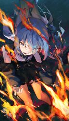 Rule 34 | 1girl, absurdres, black dress, black jacket, blue eyes, blue hair, commentary request, dress, eyes visible through hair, feet out of frame, fire, floating hair, garter straps, hair over one eye, hair ribbon, highres, hololive, hoshimachi suisei, hoshimachi suisei (streetwear), jacket, lace, lace sleeves, long hair, long sleeves, looking at viewer, o-ring, o-ring thigh strap, official alternate costume, official alternate hairstyle, open mouth, orange pantyhose, pantyhose, ribbon, sauce darusungi, short dress, short sleeves, single garter strap, solo, standing, star (symbol), star in eye, syakunetsu nite junjou (hololive), symbol in eye, thigh strap, virtual youtuber