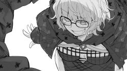 Rule 34 | 1girl, bad id, bad twitter id, black dress, coat, cropped jacket, dress, fate/grand order, fate (series), gender request, genderswap, glasses, greyscale, grin, hooded dress, jacques de molay (foreigner) (fate), kankan33333, knights templar, monochrome, padded coat, short hair, smile, solo