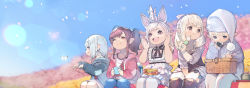 Rule 34 | 5girls, absurdres, animal ears, warrior of light (ff14), blonde hair, blue eyes, brown eyes, brown hair, bug, butterfly, cherry blossoms, crown, dango, day, dress, extra ears, fake animal ears, final fantasy, final fantasy xiv, food, grey eyes, grey hair, hanami, hat, heterochromia, hide (hideout), highres, insect, jacket, lalafell, long hair, mini crown, multiple girls, off shoulder, onigiri, open clothes, open jacket, outdoors, picnic, picnic basket, pointy ears, ponytail, sandwich, sanshoku dango, short hair, sitting, smile, wagashi