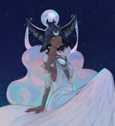 Rule 34 | 1girl, black helmet, breasts, bright pupils, cellahri, cleavage, closed mouth, commentary, crescent, crescent earrings, crescent hat ornament, dark-skinned female, dark skin, dress, earrings, english commentary, full moon, hades (series), hades 2, hat ornament, jewelry, long hair, looking at viewer, moon, selene (hades), sitting, sky, solo, star (sky), starry sky, tassel, twitter username, white dress, white hair