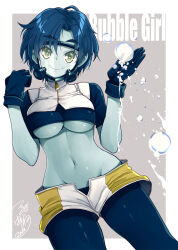 Rule 34 | 1girl, aqua skin, artist name, blue eyes, blue gloves, blue leggings, blue skin, boku no hero academia, breasts, bubble, bubble girl (boku no hero academia), character name, closed mouth, colored skin, commentary, cowboy shot, crop top, cropped jacket, diving mask, dutch angle, eyelashes, gloves, goggles, green eyes, grey background, groin, hair between eyes, hands up, head tilt, holding, jacket, large breasts, leggings, leggings under shorts, looking at viewer, lowleg, mandarin collar, midriff, navel, open clothes, open fly, open shorts, outside border, parted bangs, short hair, short shorts, short sleeves, shorts, signature, simple background, sleeveless, sleeveless jacket, smile, solo, standing, thick eyebrows, tsurugi hagane, two-tone shorts, underboob, unzipped, very short hair, w arms, white jacket, white shorts, yellow shorts, zipper, zipper pull tab