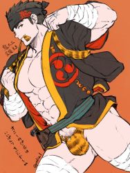 Rule 34 | 1boy, abs, alternate costume, bandages, bara, black hair, bulge, cowboy shot, headband, japanese clothes, kimono, large pectorals, pectoral cleavage, male focus, protagonist 3 (housamo), muscular, navel, open clothes, open kimono, pectorals, pmlial, revealing clothes, smile, solo, thick eyebrows, thighs, tokyo houkago summoners, translation request, upper body