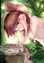 Rule 34 | 1girl, ;o, alternate costume, backlighting, bare arms, blurry, bow, breasts, brown eyes, brown hair, camisole, day, depth of field, drinking fountain, eyes visible through hair, forest, hair bow, hakurei reimu, hand in own hair, leaning forward, light particles, looking at viewer, nature, one eye closed, open mouth, outdoors, sideboob, solo, sweat, touhou, upper body, wet, wet hair, yoho taiwan