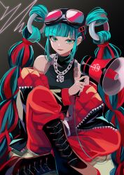 Rule 34 | 1girl, :d, bare shoulders, black background, black footwear, black jacket, black shirt, blue eyes, blue hair, boots, cardiogram, chain, chain necklace, cross-laced footwear, foreshortening, full body, goggles, goggles on head, hatsune miku, highres, holding, holding megaphone, jacket, jewelry, knee up, lace-up boots, long bangs, long sleeves, magical mirai (vocaloid), magical mirai miku, magical mirai miku (2023), megaphone, naguno-0713, necklace, off shoulder, open clothes, open jacket, open mouth, pants, quilted jacket, red jacket, red pants, shirt, sidelocks, simple background, sitting, sleeveless, sleeveless shirt, smile, solo, twintails, two-sided fabric, two-sided jacket, v-shaped eyebrows, vocaloid