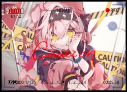 Rule 34 | 1girl, @ @, ahoge, animal ears, arknights, black border, black hairband, blood, blood writing, blue bow, border, bow, bracelet, braid, cat ears, clenched teeth, english text, goldenglow (arknights), hair between eyes, hair bow, hairband, hand on own face, infection monitor (arknights), jacket, jewelry, lightning bolt print, long hair, long sleeves, looking at viewer, open clothes, open jacket, outstretched arm, parted lips, pink hair, pink jacket, road sign, sen (5710265), side braid, sign, solo, sweat, teeth, upper body, viewfinder, yellow eyes