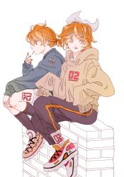 Rule 34 | + +, 1boy, 1girl, :d, absurdres, alternate costume, alternate eye color, black pants, black socks, blonde hair, bow, brick wall, brown jacket, casual, commentary request, gradient jacket, hair bow, hair ornament, hairclip, highres, hood, hood down, hoodie, jacket, kagamine len, kagamine rin, korean commentary, leg tattoo, looking to the side, mangomelange, on wall, open mouth, oversized clothes, pants, shoes, short hair, shorts, sitting, sleeves past fingers, sleeves past wrists, smile, sneakers, socks, tattoo, tongue, tongue out, vocaloid, wariza, white background, white shorts, white socks, yellow eyes, yellow nails