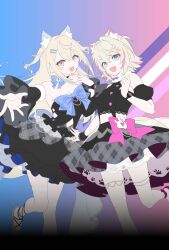 2girls :d animal_ear_fluff animal_ears bare_shoulders black_dress blonde_hair blue_hair dog_ears dress fuwawa_abyssgard high_heels highres hololive hololive_english looking_at_viewer mococo_abyssgard multicolored_hair multiple_girls official_alternate_costume official_art open_mouth pink_hair siblings sisters smile streaked_hair twins virtual_youtuber watch wristwatch