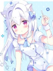 Rule 34 | 1girl, :o, animal ear fluff, animal ears, azumi kazuki, bandaid, bandaid on arm, blue background, blue bow, blush, bow, cat ears, cat girl, cat tail, commentary request, dress, hair between eyes, hair bow, hand up, hat, highres, holding, long hair, looking at viewer, nurse, nurse cap, original, parted lips, polka dot, polka dot background, puffy short sleeves, puffy sleeves, red eyes, short sleeves, solo, tail, thermometer, two-tone background, very long hair, white background, white dress, white hair, wrist cuffs