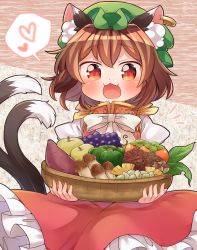 Rule 34 | 1girl, :3, :d, animal ear fluff, animal ears, basket, blush, brown hair, cat ears, cat tail, chen, commentary request, dress, earrings, fang, food, fruit, gold trim, happy, hat, heart, highres, holding, holding basket, ibaraki natou, jewelry, looking down, mob cap, multiple tails, mushroom, nekomata, open mouth, petticoat, puffy sleeves, red dress, red eyes, short hair, single earring, smile, solo, spoken heart, tail, touhou, two tails, vegetable