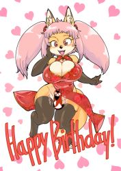 Rule 34 | 1girl, breasts, censored, cleavage, covered erect nipples, female focus, fox, furry, furry female, heart, heart background, kazuhiro, long hair, novelty censor, open mouth, pink hair, red eyes, simple background, solo, thighhighs, twintails