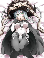 Rule 34 | 10s, 1girl, absurdres, abyssal ship, black gloves, blush, bodysuit, breasts, cape, colored skin, gloves, green eyes, highres, kantai collection, large breasts, looking at viewer, lying, monster, on back, open mouth, pale skin, personification, silver hair, solo, wakagi repa, white skin, wo-class aircraft carrier