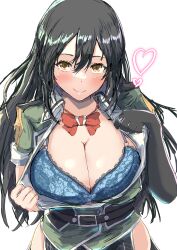 Rule 34 | 1girl, absurdres, belt, black belt, black gloves, black hair, blue bra, blush, bow, bowtie, bra, breasts, brown eyes, chikuma (kancolle), chikuma kai ni (kancolle), cleavage, commentary request, dress, elbow gloves, gloves, green dress, hair between eyes, heart, highres, kantai collection, kurage ituki, large breasts, long hair, long skirt, looking at viewer, red bow, red bowtie, short sleeves, side slit, single elbow glove, skirt, smile, solo, underwear, white background