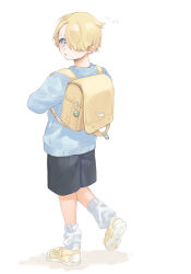 Rule 34 | 1boy, :o, aged down, backpack, bag, bird, black shorts, blonde hair, blue eyes, blue sweater, blush, child, commentary, curly eyebrows, duck, full body, highres, kindergarten bag, kindergarten uniform, leg warmers, lily-summer-0607, long bangs, looking back, male focus, one piece, sanji (one piece), shoes, short hair, shorts, simple background, sneakers, sweater, translated, white background, yellow footwear