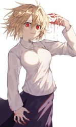 Rule 34 | 1girl, ahoge, arcueid brunestud, blonde hair, blood, blood drip, blood on hands, breasts, commentary, cowboy shot, deep (deep4946), hand up, highres, jewelry, long sleeves, looking at viewer, medium breasts, necklace, open mouth, purple skirt, red eyes, shirt, short hair, simple background, skirt, slit pupils, smile, solo, tsukihime, white background, white shirt, yellow pupils